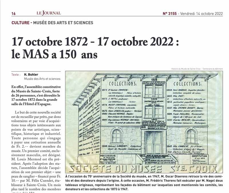 17 octobre 1872 – 17 octobre 2022 : le MAS a 150 ans