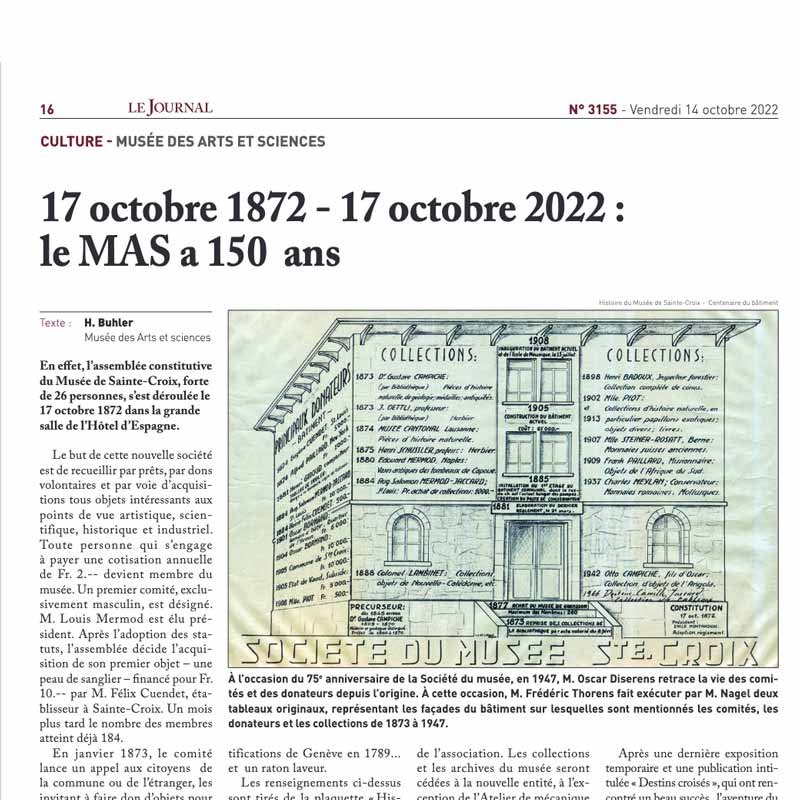 17 octobre 1872 – 17 octobre 2022 : le MAS a 150 ans