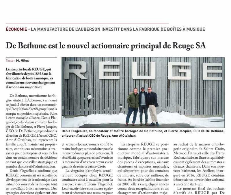 De Bethune est le nouvel actionnaire principal de Reuge SA