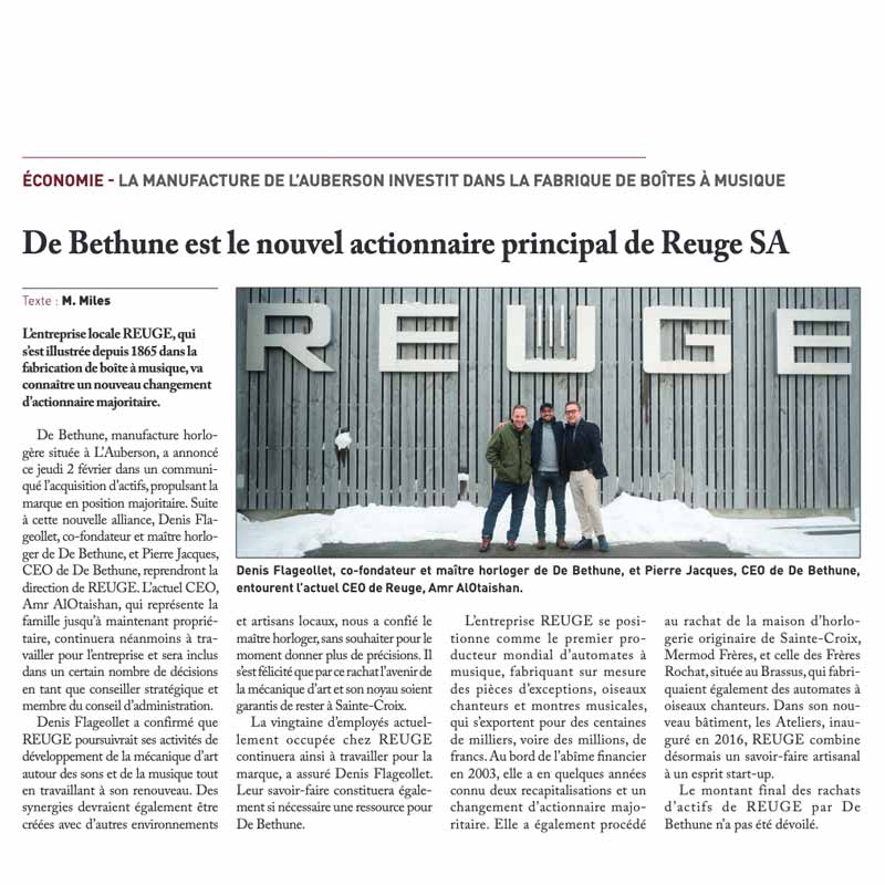 De Bethune est le nouvel actionnaire principal de Reuge SA