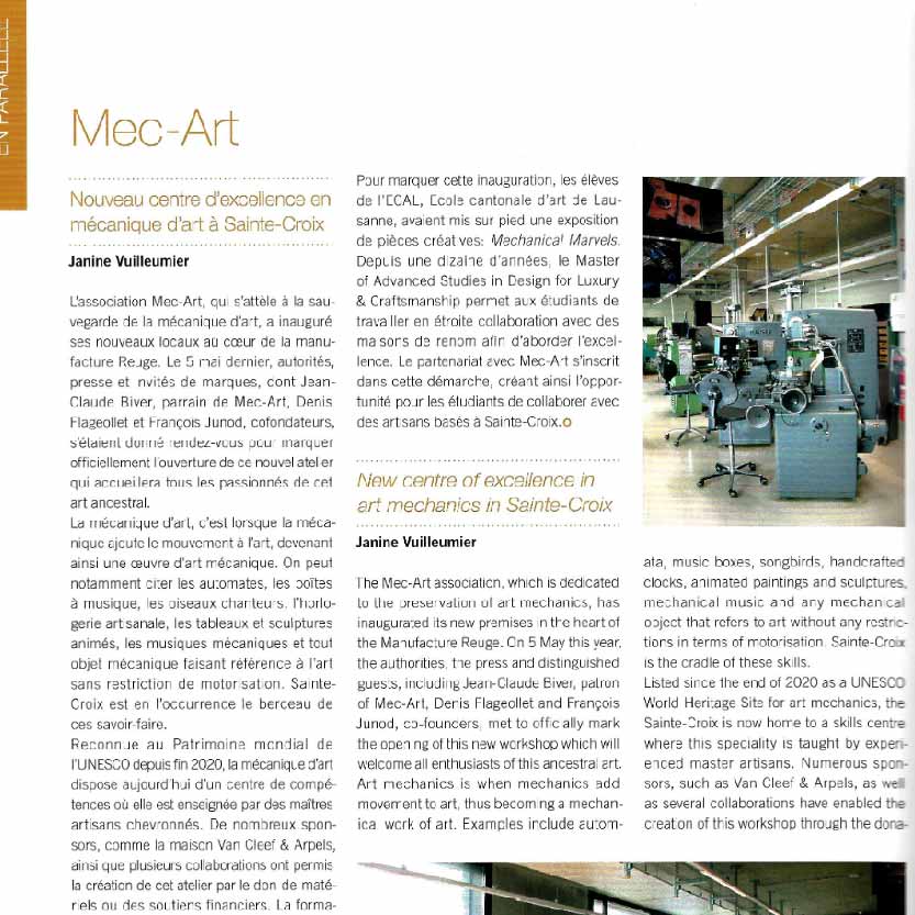 Nouveau centre d&rsquo;excellence en mécanique d&rsquo;art à Sainte-Croix