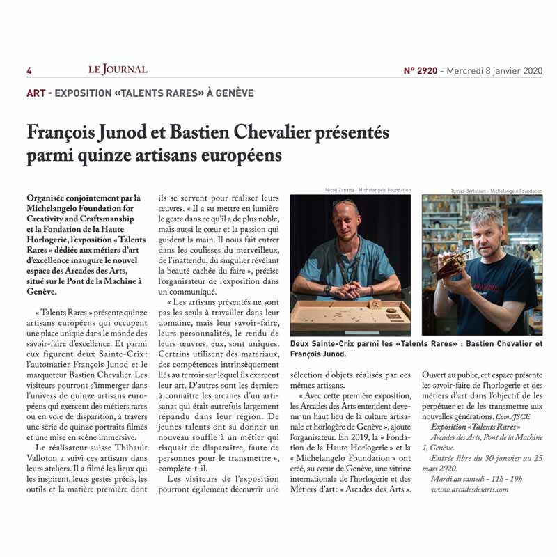 François Junod et Bastien Chevalier présentés parmi quinze artisans europeens