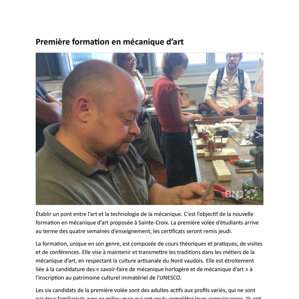 Première formation en mécanique d’art
