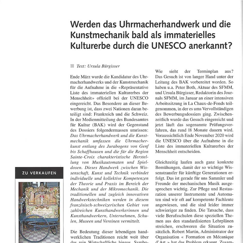 Werden das Uhrmacherhandwerk und die Kunstmechanik bald ais immaterielles Kulturerbe durch die UNESCO anerkannt?